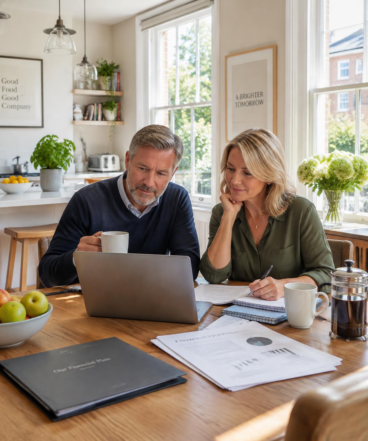 A couple reviewing their savings plans on a laptop at home